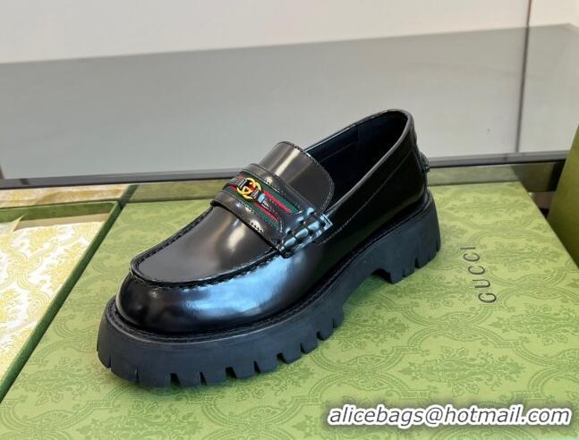 Top Quality Gucci Shiny Leather Loafers with Interlocking G and Web Black 406049