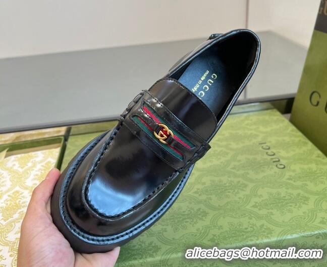 Top Quality Gucci Shiny Leather Loafers with Interlocking G and Web Black 406049