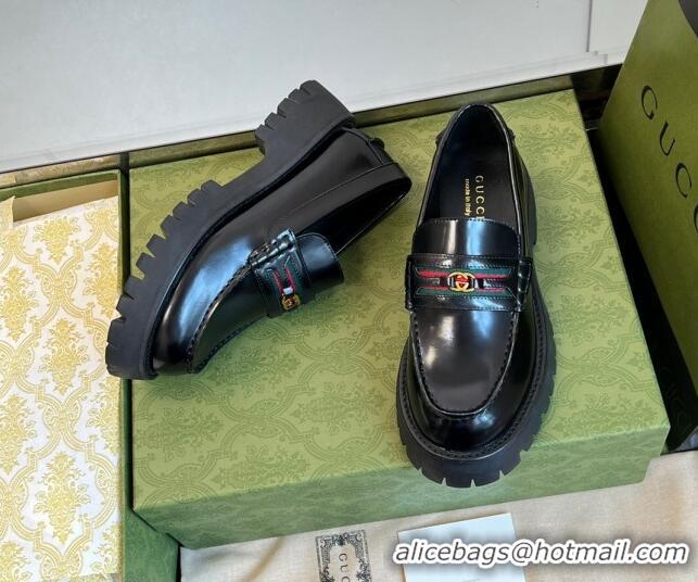 Top Quality Gucci Shiny Leather Loafers with Interlocking G and Web Black 406049