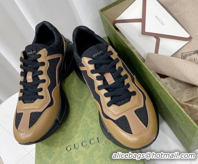 Low Price Gucci Men's Rhyton Sneakers in Black GG Canvas and Brown Leather 406052