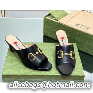 Good Quality Gucci Leather Heel Slide Sandals 5.5cm with Horsebit Black 407089