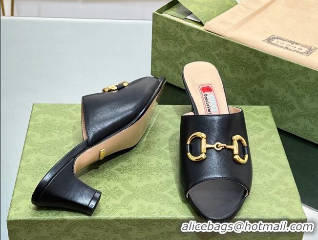 Good Quality Gucci Leather Heel Slide Sandals 5.5cm with Horsebit Black 407089