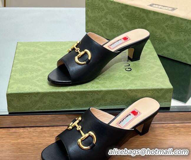 Good Quality Gucci Leather Heel Slide Sandals 5.5cm with Horsebit Black 407089