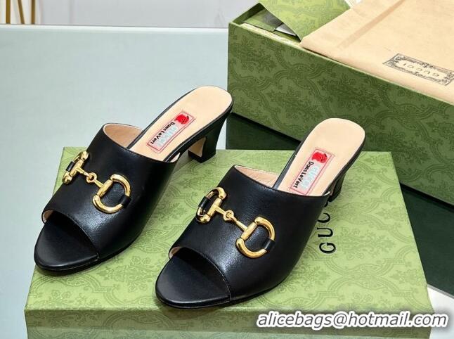 Good Quality Gucci Leather Heel Slide Sandals 5.5cm with Horsebit Black 407089