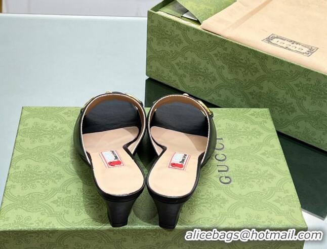 Good Quality Gucci Leather Heel Slide Sandals 5.5cm with Horsebit Black 407089