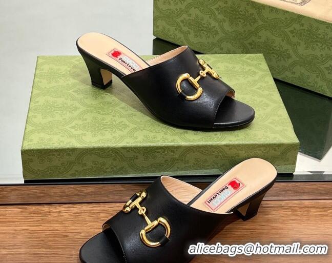 Good Quality Gucci Leather Heel Slide Sandals 5.5cm with Horsebit Black 407089