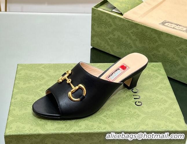 Good Quality Gucci Leather Heel Slide Sandals 5.5cm with Horsebit Black 407089