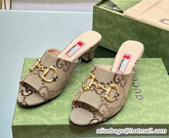 Cute Gucci Maxi-GG Canvas Heel Slide Sandals 5.5cm with Horsebit Camel 407091