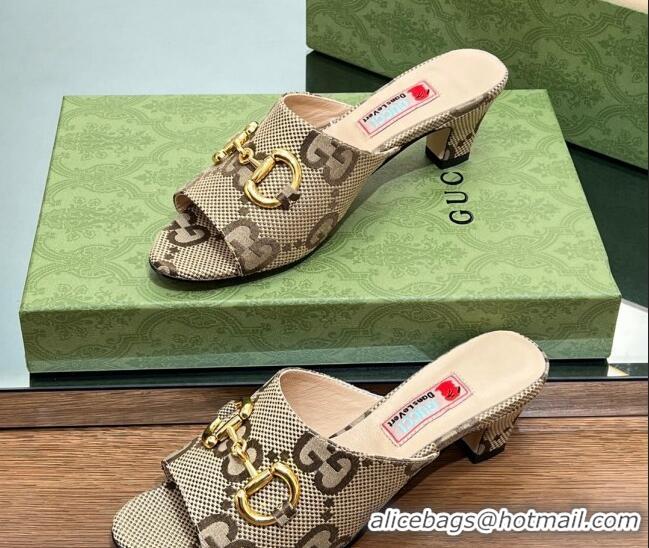 Cute Gucci Maxi-GG Canvas Heel Slide Sandals 5.5cm with Horsebit Camel 407091