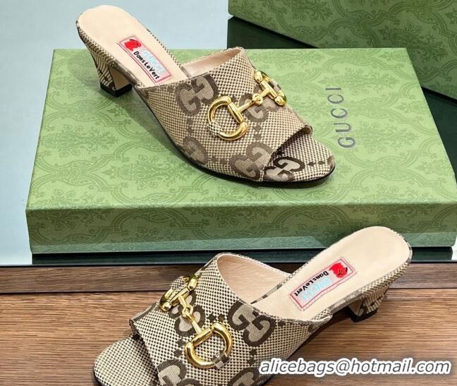 Cute Gucci Maxi-GG Canvas Heel Slide Sandals 5.5cm with Horsebit Camel 407091