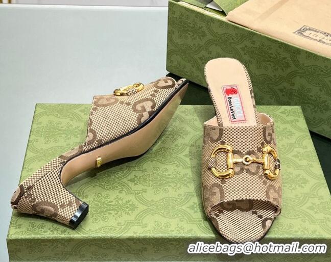 Cute Gucci Maxi-GG Canvas Heel Slide Sandals 5.5cm with Horsebit Camel 407091