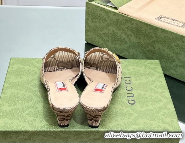 Cute Gucci Maxi-GG Canvas Heel Slide Sandals 5.5cm with Horsebit Camel 407091