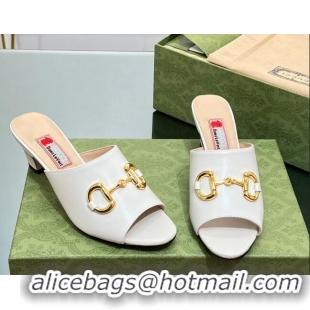 New Design Gucci Leather Heel Slide Sandals 5.5cm with Horsebit White 407090