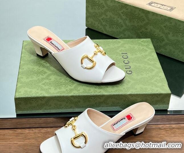 New Design Gucci Leather Heel Slide Sandals 5.5cm with Horsebit White 407090