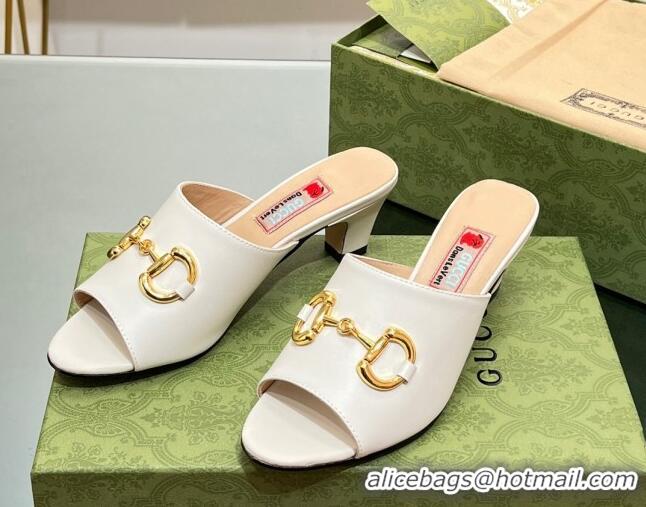 New Design Gucci Leather Heel Slide Sandals 5.5cm with Horsebit White 407090