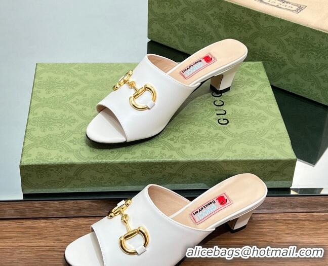 New Design Gucci Leather Heel Slide Sandals 5.5cm with Horsebit White 407090