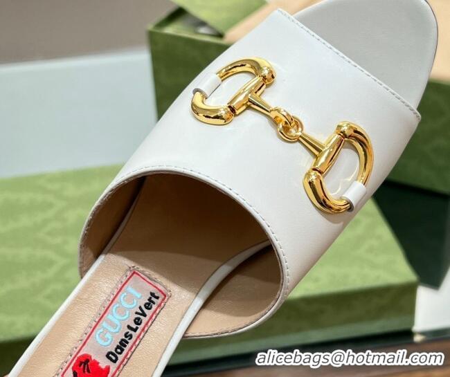 New Design Gucci Leather Heel Slide Sandals 5.5cm with Horsebit White 407090