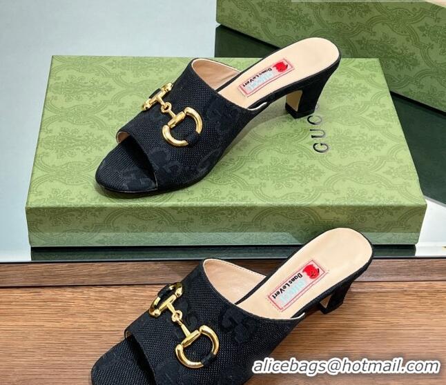 Luxury Gucci Maxi-GG Canvas Heel Slide Sandals 5.5cm with Horsebit Black 407095