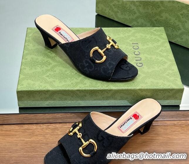 Luxury Gucci Maxi-GG Canvas Heel Slide Sandals 5.5cm with Horsebit Black 407095