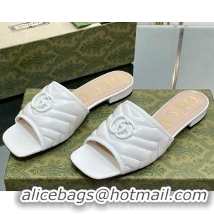 Shop Duplicate Gucci Leather Flat Slide Sandals with Double G All White/Beige 407096