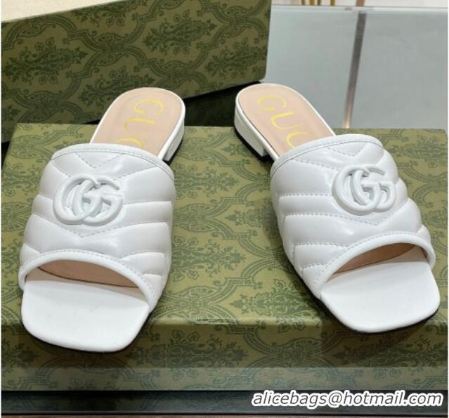 Shop Duplicate Gucci Leather Flat Slide Sandals with Double G All White/Beige 407096