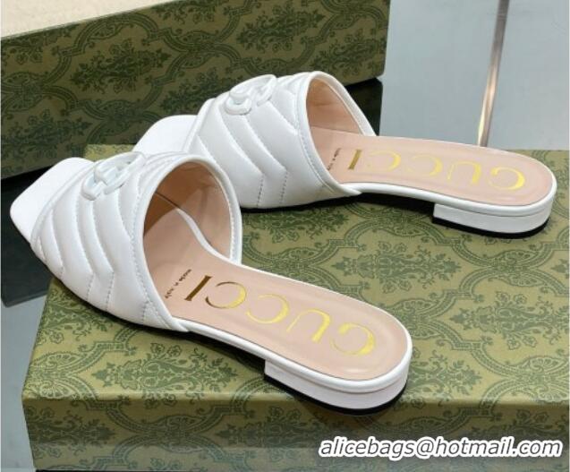 Shop Duplicate Gucci Leather Flat Slide Sandals with Double G All White/Beige 407096