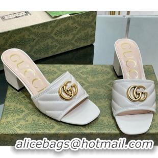 Popular Style Gucci Leather Heel Slide Sandals 5.5cm with Double G White/Gold 407097