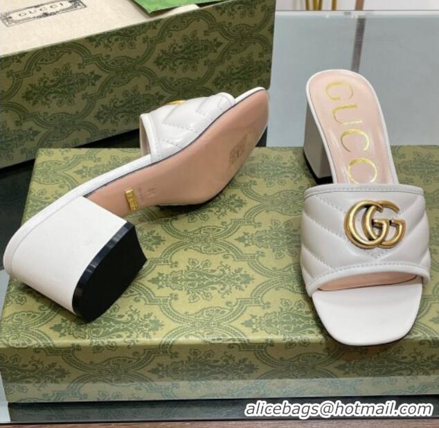 Popular Style Gucci Leather Heel Slide Sandals 5.5cm with Double G White/Gold 407097