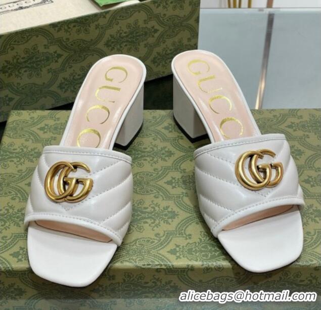 Popular Style Gucci Leather Heel Slide Sandals 5.5cm with Double G White/Gold 407097