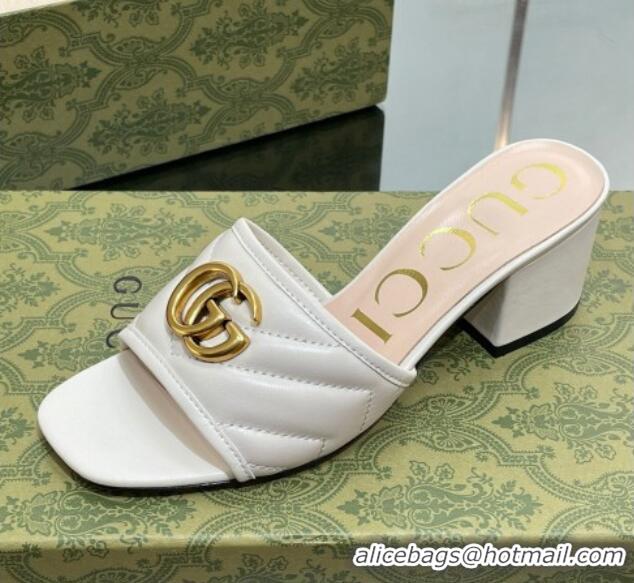 Popular Style Gucci Leather Heel Slide Sandals 5.5cm with Double G White/Gold 407097