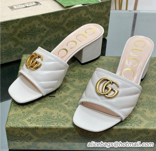 Popular Style Gucci Leather Heel Slide Sandals 5.5cm with Double G White/Gold 407097