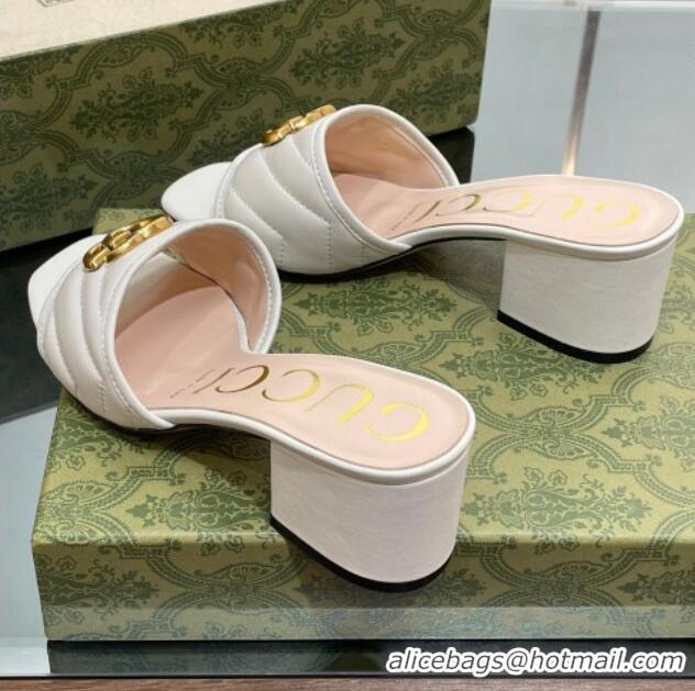 Popular Style Gucci Leather Heel Slide Sandals 5.5cm with Double G White/Gold 407097