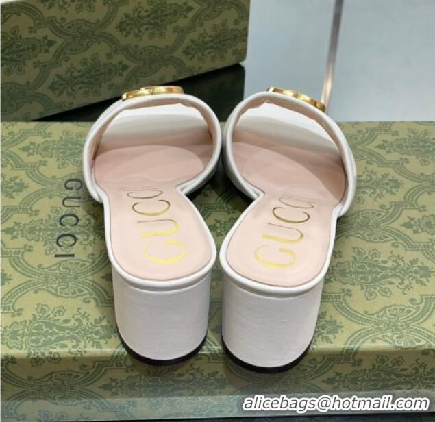 Popular Style Gucci Leather Heel Slide Sandals 5.5cm with Double G White/Gold 407097