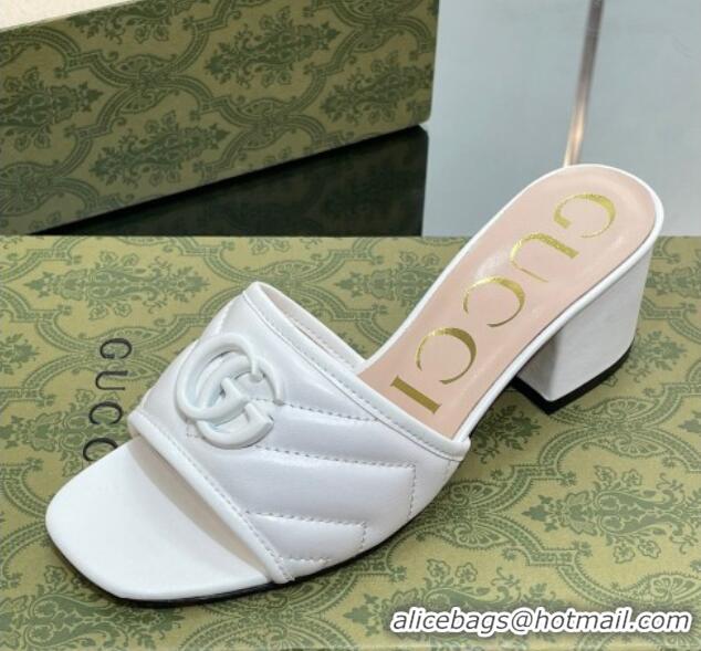 Charming Gucci Leather Heel Slide Sandals 5.5cm with Double G All White/Beige 407098