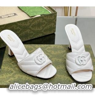 Top Design Gucci Leather Heel Slide Sandals 7.5cm with Double G All White 407099