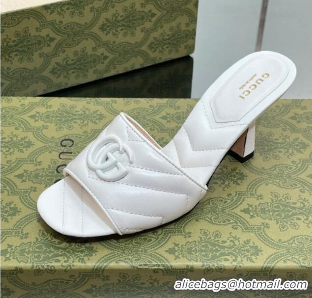 Top Design Gucci Leather Heel Slide Sandals 7.5cm with Double G All White 407099