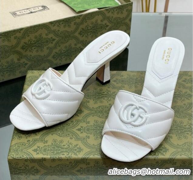 Top Design Gucci Leather Heel Slide Sandals 7.5cm with Double G All White 407099