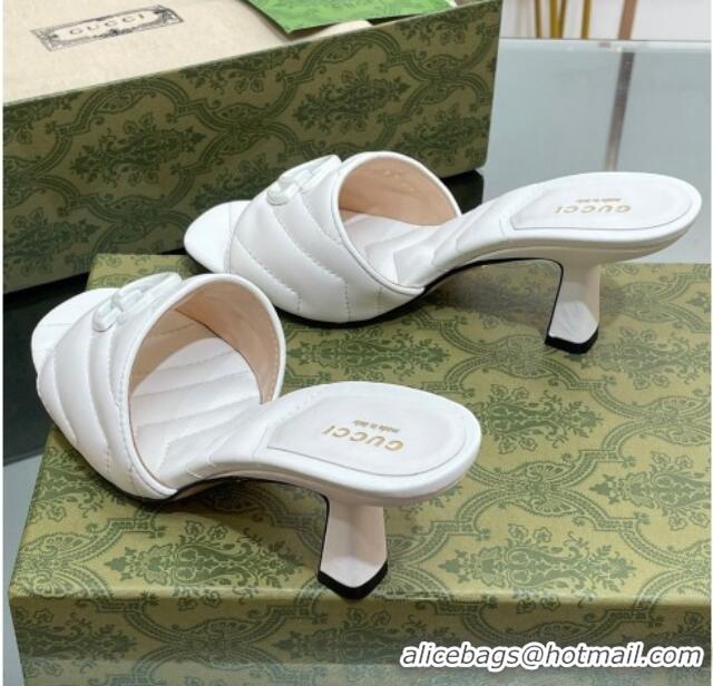 Top Design Gucci Leather Heel Slide Sandals 7.5cm with Double G All White 407099