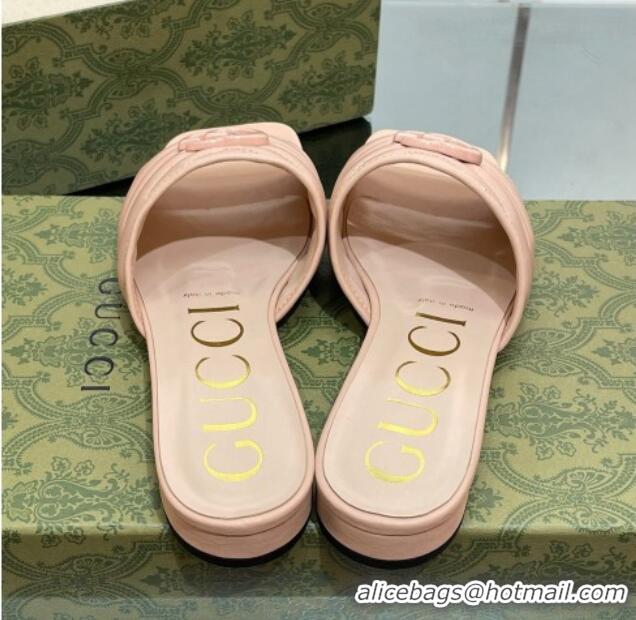 Discount Gucci Leather Flat Slide Sandals with Double G Nude Pink 0407100