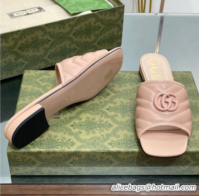 Discount Gucci Leather Flat Slide Sandals with Double G Nude Pink 0407100