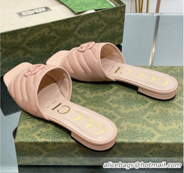 Discount Gucci Leather Flat Slide Sandals with Double G Nude Pink 0407100