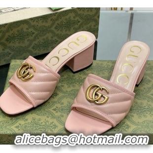 Good Product Gucci Leather Heel Slide Sandals 5.5cm with Double G Nude Pink/Gold 407101