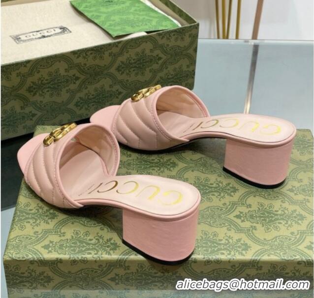 Good Product Gucci Leather Heel Slide Sandals 5.5cm with Double G Nude Pink/Gold 407101