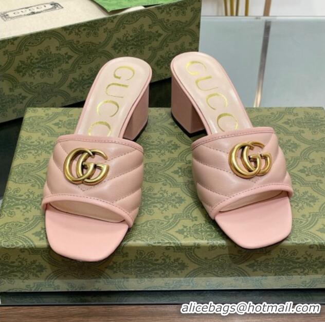 Good Product Gucci Leather Heel Slide Sandals 5.5cm with Double G Nude Pink/Gold 407101