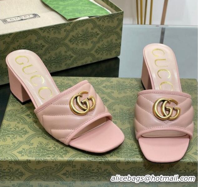 Good Product Gucci Leather Heel Slide Sandals 5.5cm with Double G Nude Pink/Gold 407101