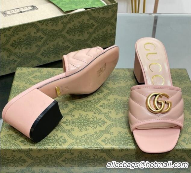 Good Product Gucci Leather Heel Slide Sandals 5.5cm with Double G Nude Pink/Gold 407101