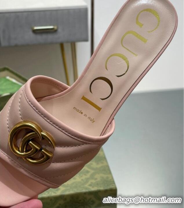 Good Product Gucci Leather Heel Slide Sandals 5.5cm with Double G Nude Pink/Gold 407101