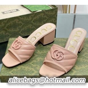 Stylish Gucci Leather Heel Slide Sandals 5.5cm with Double G All Nude Pink 407102