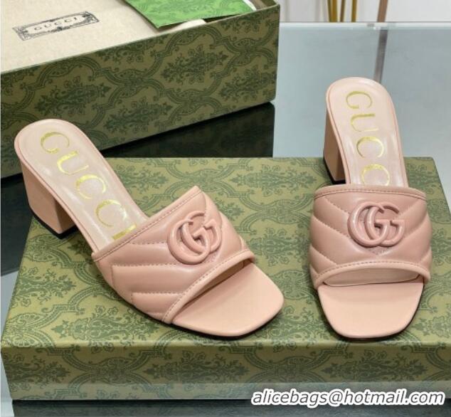 Stylish Gucci Leather Heel Slide Sandals 5.5cm with Double G All Nude Pink 407102