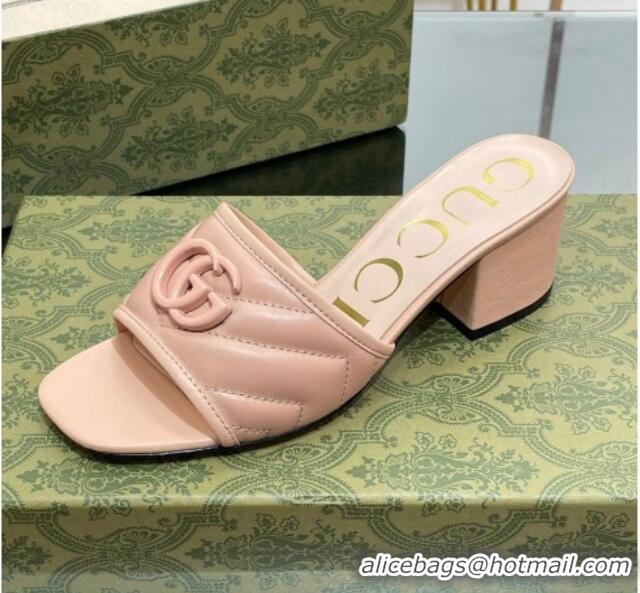 Stylish Gucci Leather Heel Slide Sandals 5.5cm with Double G All Nude Pink 407102